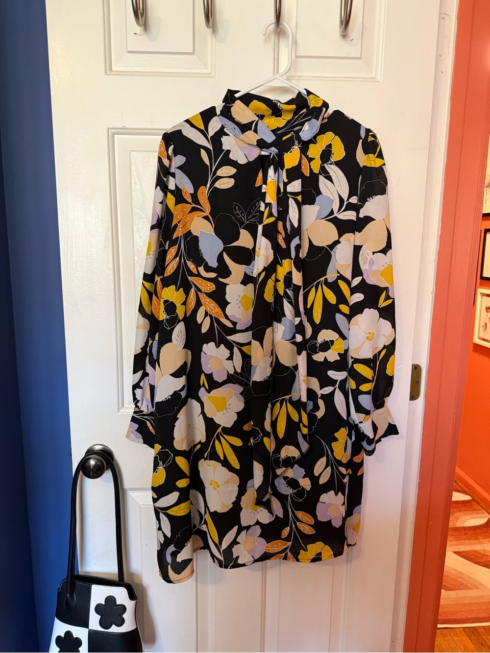 Black Floral Tie-Neck A-Line Dress
